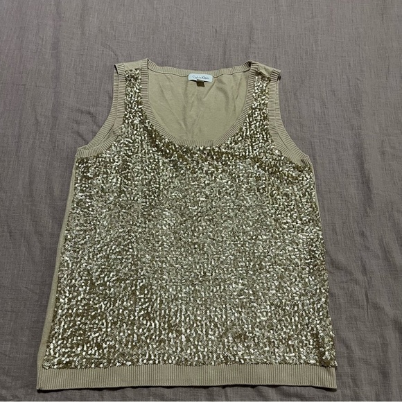 Calvin Klein Gold Sequin Tank Top Sweater Size Large Party Holiday Sparkle - Picture 2 of 7